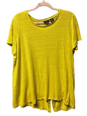 Tahari 100% Linen Bright Chartreuse  Crewneck Tee with Button Back • Size 1X